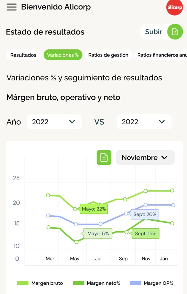 Financheck: tablero de estado de resultados y márgenes